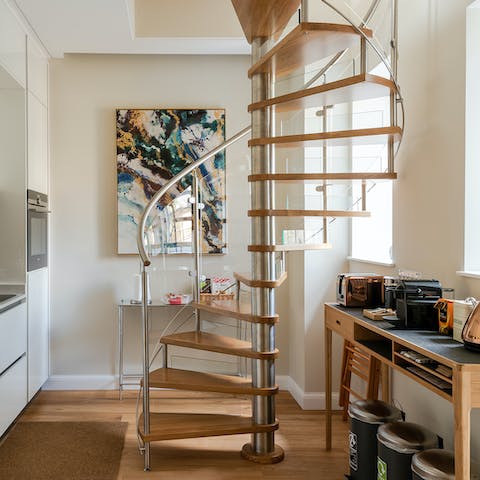 Descend the Italian glass staircase into the kitchen where your host has provided a continental breakfast