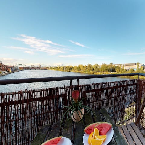 Start the day with breakfast on the balcony overlooking the dock
