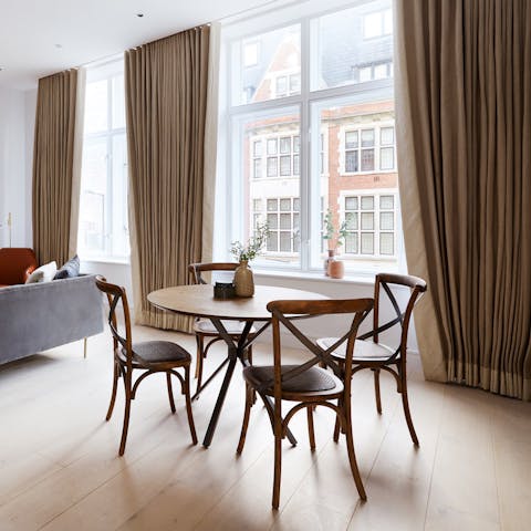 Polish off breakfast at the dining table before exploring your locale