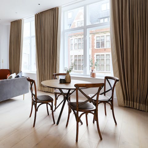 Polish off breakfast at the dining table before exploring your locale