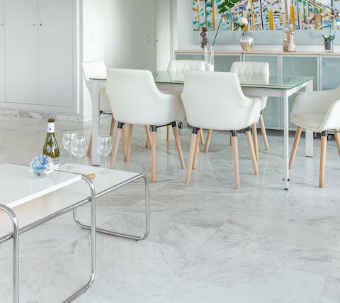 Explore the apartment as you pad across the polished marble floors