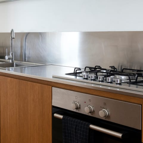 The steel-topped kitchen counter