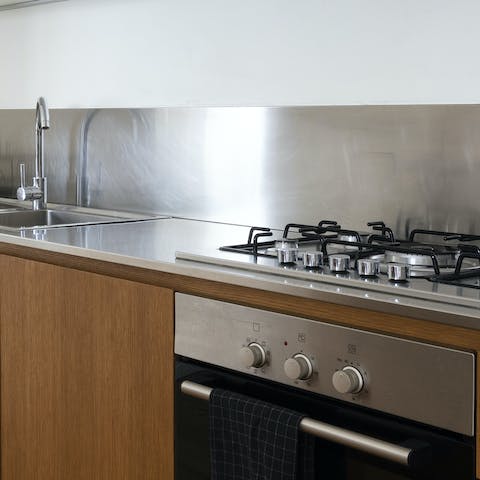 The steel-topped kitchen counter