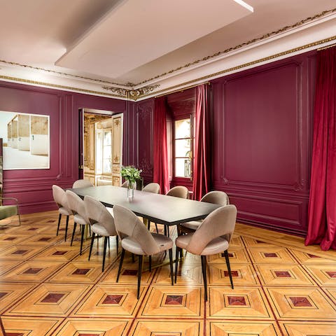 Crimson dining room with space for a banquet