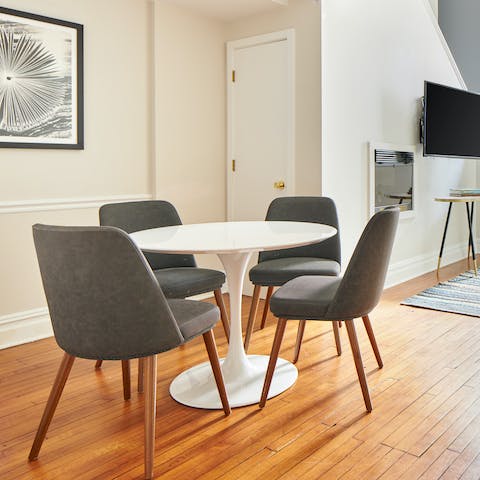 Tuck into a Philly cheesesteak at the dining table