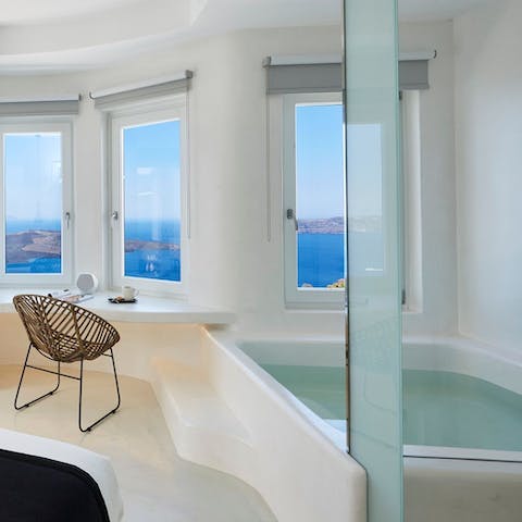 Soak in the enormous bath tub after a day of exploring Santorini