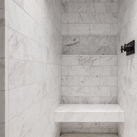 The marble-clad bathroom