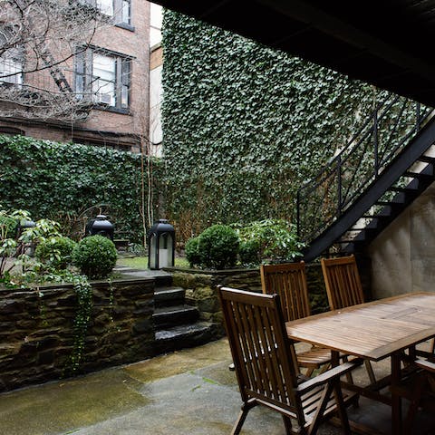 The well-kept backyard with plenty of seating