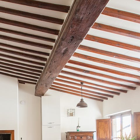 Exposed wooden ceiling beams