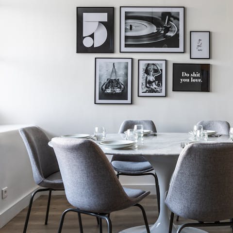 Gather for coffee and croissants at the retro style dining table