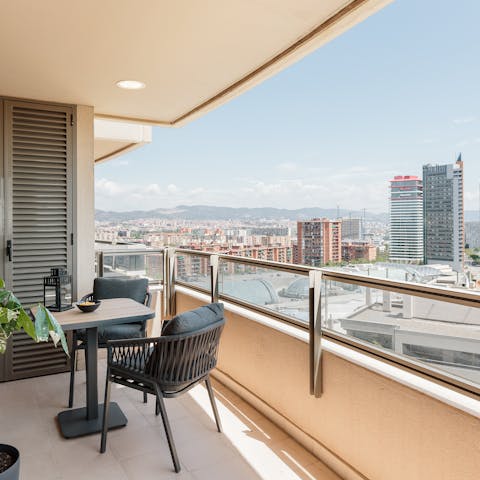 Enjoy mountain, sea, and city views from the balcony