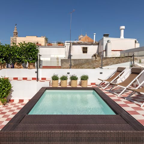 Take a refreshing pause with a dip in the shared rooftop pool