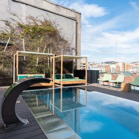 The communal rooftop terrace with a pool