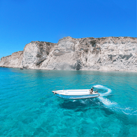 Explore the stunning Cretan coastline, with its turquoise sea and white cliffs