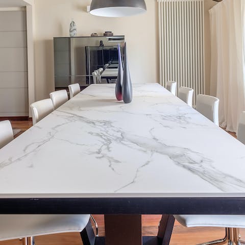 The marble-topped dining table