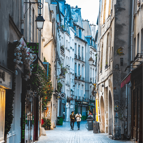 Wander through the Marais where vintage shops and intimate cafes abound, twenty minutes away on foot