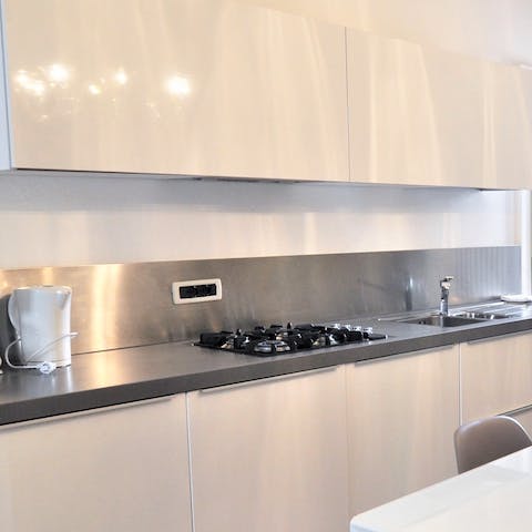The stainless steel kitchen surface