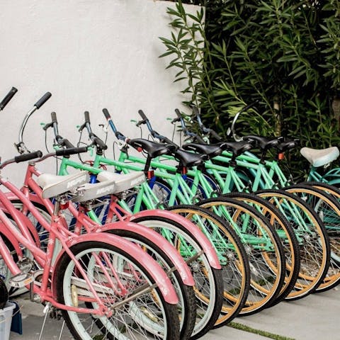 Cycle into Palm Springs on one of the pastel bikes