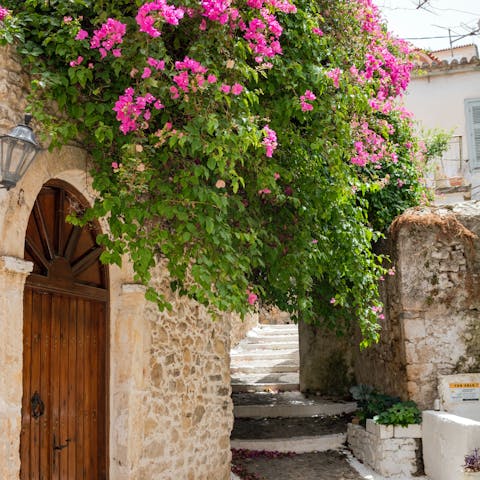Explore the quiant streets of Koroni, lined with cobblestone and bougainvillea