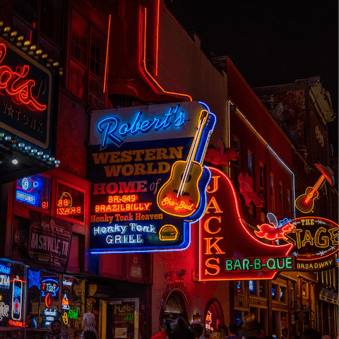 Catch a cab into Downtown Nashville in under ten minutes and explore its rich musical culture