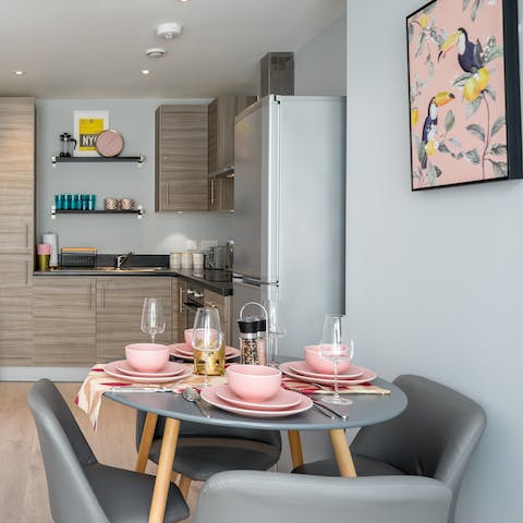 Come together for mealtimes in the cosy, light-filled living space