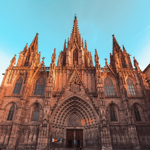 Visit the Gothic Quarter's beautiful Cathedral of Barcelona, five minutes away on foot