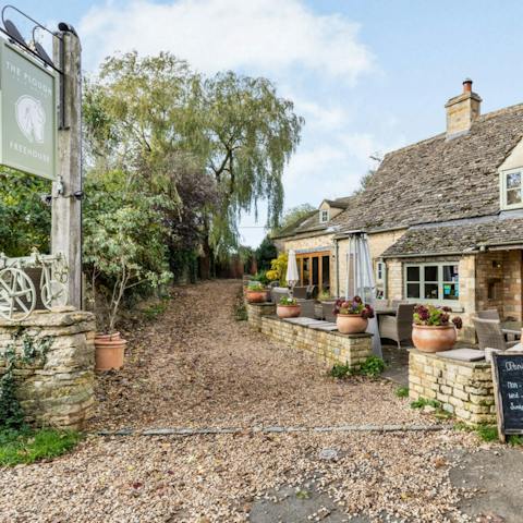 Finish another idyllic day in the Cotswolds with a well-earned drink at the Plough Inn, just two minutes from your doorstep