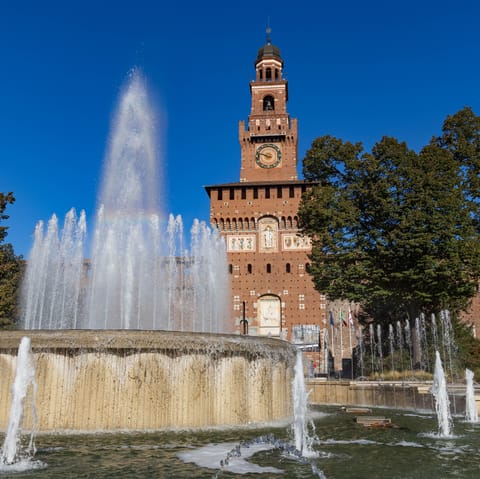 Learn about the history of Sforzesco Castle, eighteen minutes away on foot