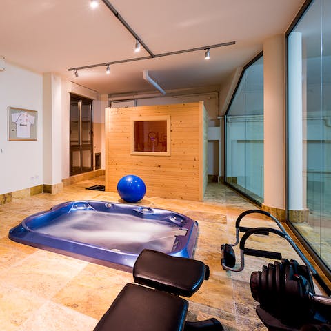Work up a sweat on the gym equipment or sink into the hot tub and let the bubbles do their job