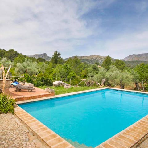 Swim laps in the private swimming pool overlooking the Tramuntana Mountain range 