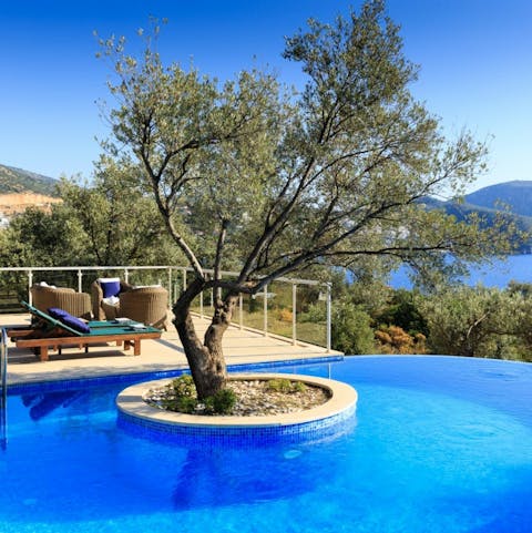Relax on sun loungers and take the occasional dip in the private pool
