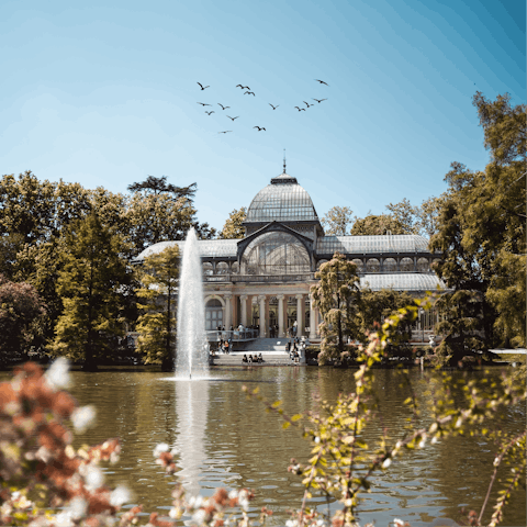 Relax by the pond in El Retiro Park on a warm afternoon