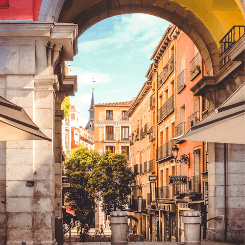 Start your sightseeing in Plaza Mayor, a thirty-minute metro ride away