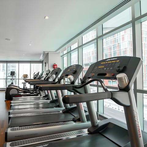Stay on top of your fitness routine with a workout in the on-site gym