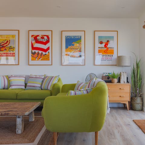 Make yourself at home in the retro, beach-inspired living area