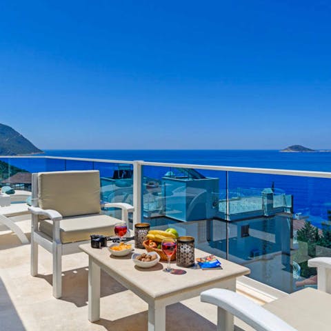 Take in blue sea views over the Mediterranean from the elevated terrace 