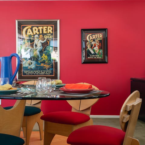 Enjoy a meal all together in the vibrant dining room