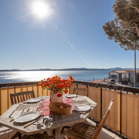 Enjoy dinner on your balcony overlooking the bay of Saint Tropez
