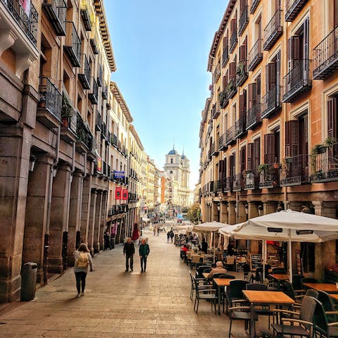 Visit bustling Plaza Mayor, a nine-minute walk away