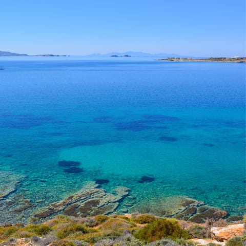 Stay on the stunning Santa Maria coastline of Paros