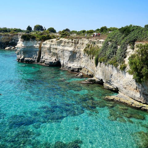 Explore Puglia, including the white sands and turquoise waters of Marina di Pescoluse, an fifteen-minute walk or two-minute drive away