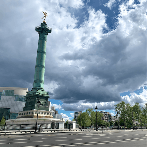 Visit Paris' historic Place de la Bastille, a ten-minute walk away