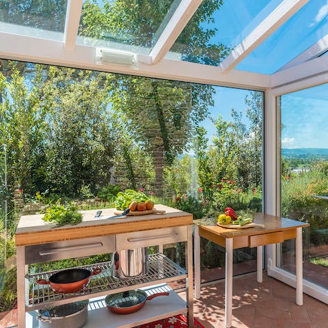 Prepare food with a view in the rustic kitchen
