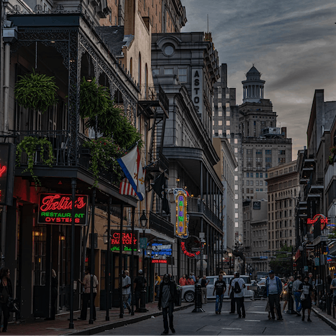 Immerse yourself in the jazz scene of New Orleans, with lively Bourbon Street less than a twenty-minute walk away