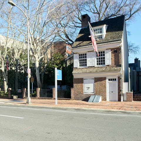 Learn about the origins of the American flag at Betsy Ross House, just a four-minute stroll away