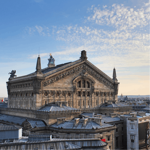 Visit the beautiful Opéra Garnier, a fifteen-minute stroll from your door