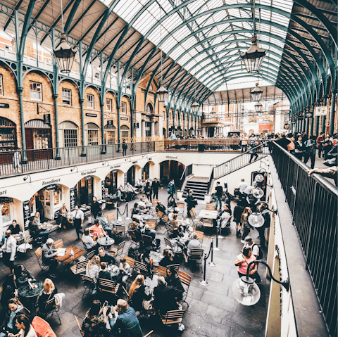 Discover the high-end boutiques and eateries of Covent Garden, a three-minute walk away