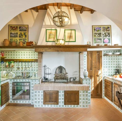 These classic white and green tiles in the kitchen