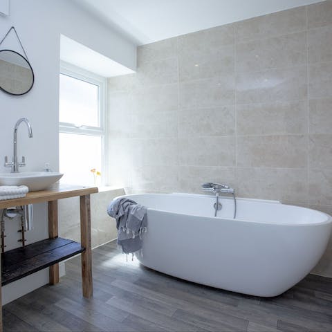 Take a long, relaxing soak in the freestanding tub