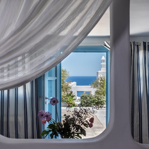 Enjoy the beautiful views of the Aegean sea right from your bedroom